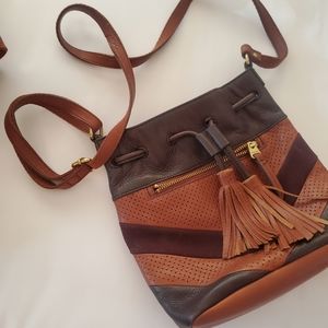 Fossil handbag with tassels. Two tone black and brown